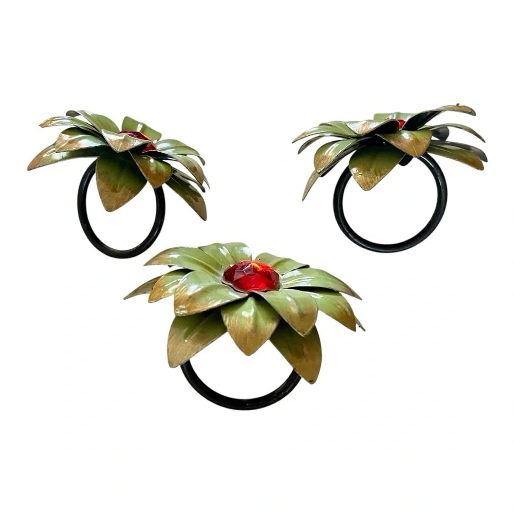 3 Pier 1 Napkin Rings Vintage Metal Flowers, Green w/Red Bead Center, 3” Round.